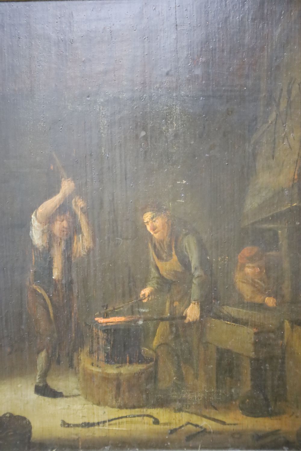 19th century Flemish School, oil on wooden panel, Blacksmiths Forge, 28 x 26cm
